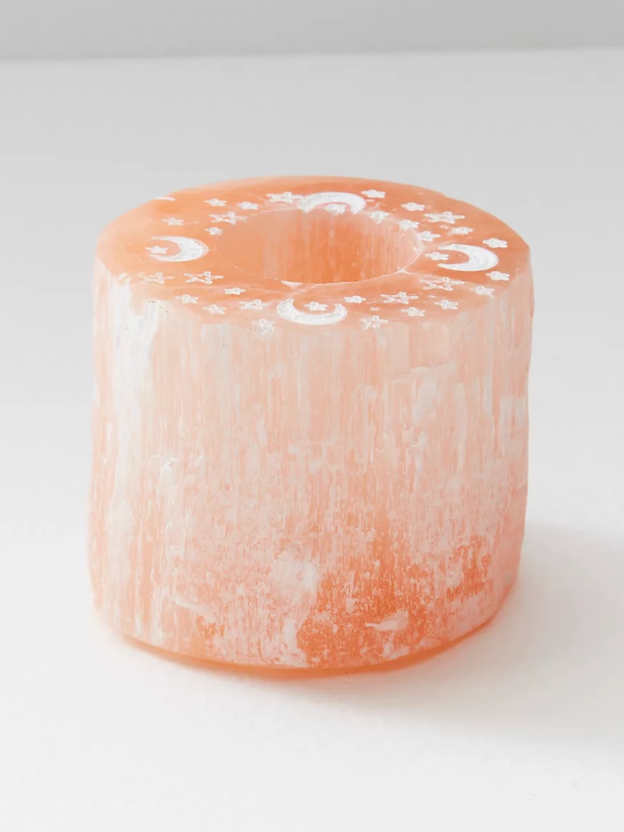 Peach Etched Selenite Tealight Candle Holder