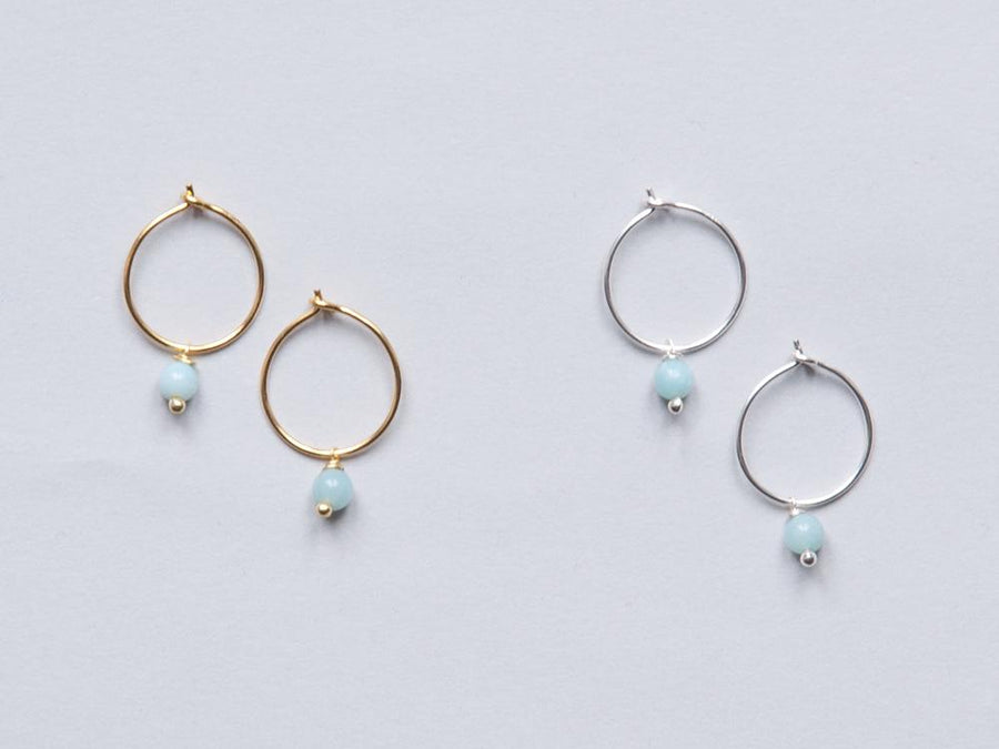 Small Amazonite Blue Hoop Earrings in Silver