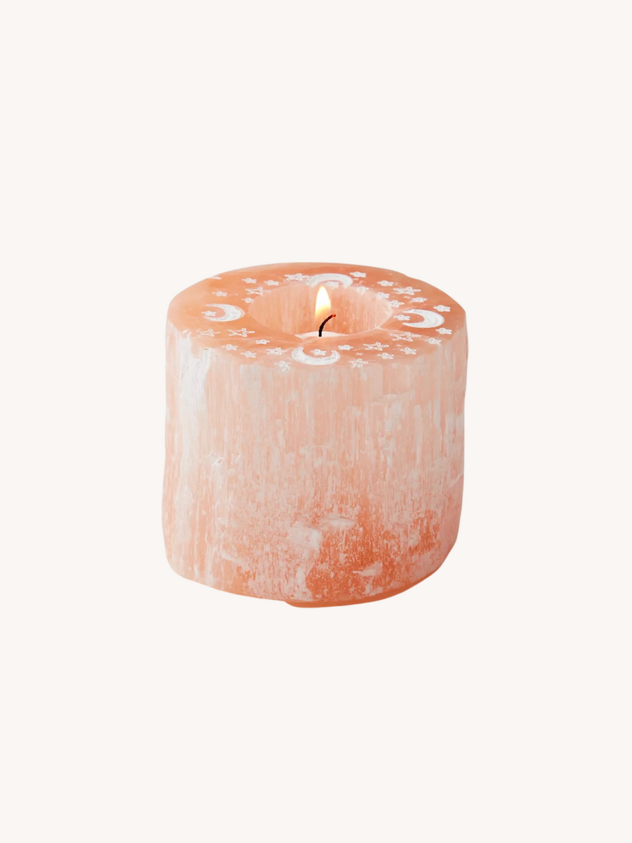 Peach Etched Selenite Tealight Candle Holder