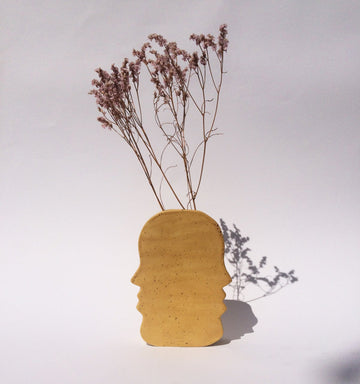 Ikebana Vase Face to Face Stoneware Yellow Speckled