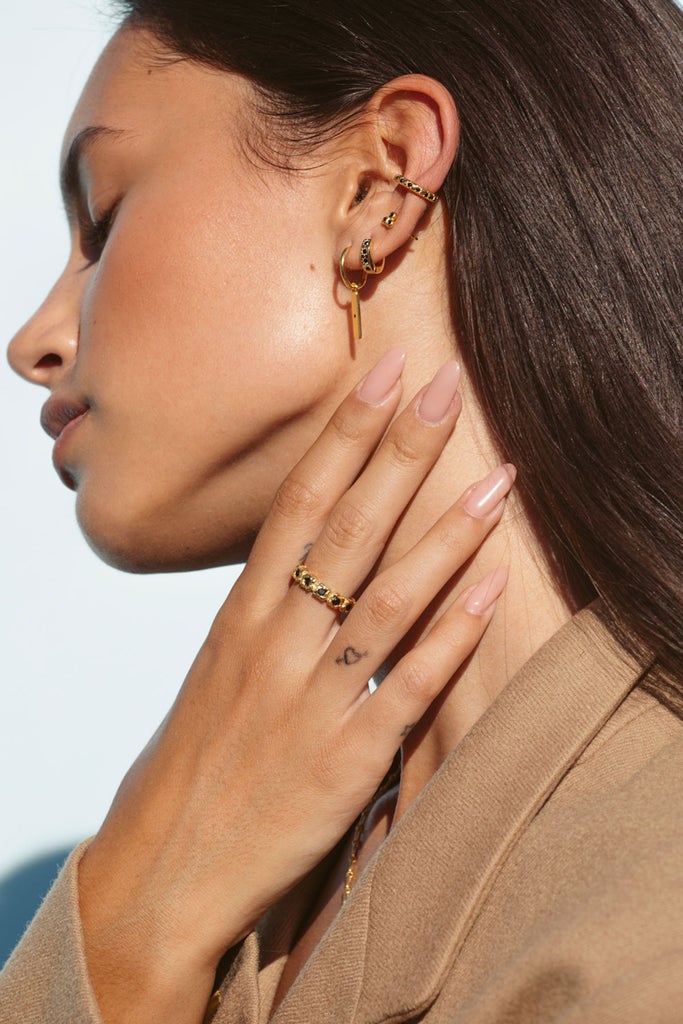 Triple Black Stud Earring in Gold